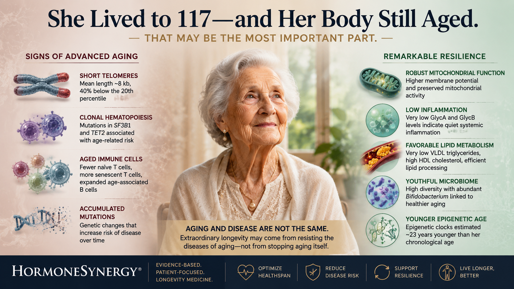 Illustration of healthy longevity in a 117-year-old supercentenarian showing molecular signs of aging alongside resilient metabolism, immunity, microbiome and epigenetic biology.