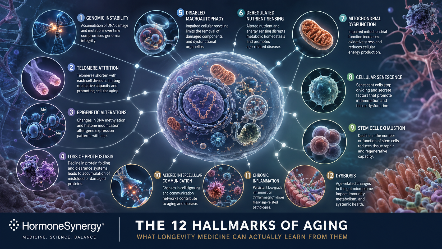Illustration of the 12 Hallmarks of Aging including DNA damage, mitochondria, autophagy, cellular senescence, inflammation, stem cells and the microbiome.