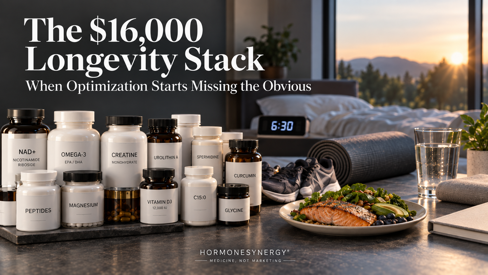 HormoneSynergy® editorial image showing an extensive longevity supplement stack contrasted with sleep and basic health fundamentals.
