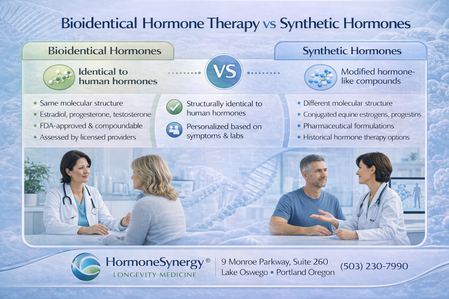 Bioidentical hormones used in hormone optimization therapy including testosterone estrogen and progesterone to support healthy aging HormoneSynergy® Longevity Medicine Portland • Lake Oswego • USA