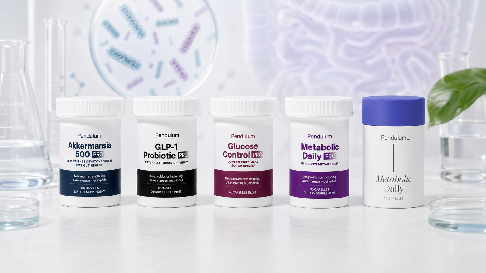 Pendulum Akkermansia 500 PRO, GLP-1 Probiotic PRO, Glucose Control PRO, Metabolic Daily PRO and retail Metabolic Daily probiotics for microbiome and metabolic support.