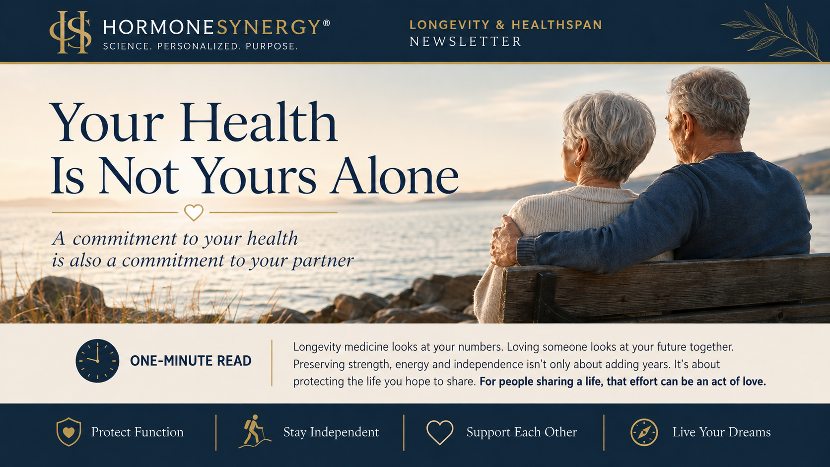 Older couple sitting together by the water, illustrating how personal health, independence and healthy aging can affect a shared life and long-term partnership.