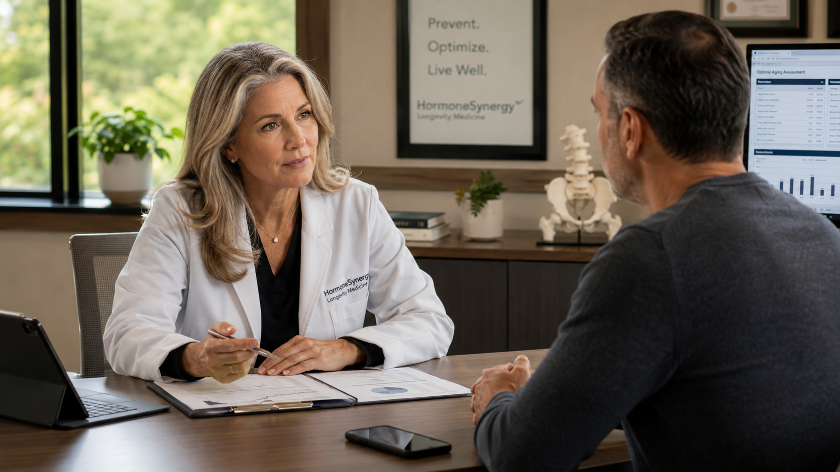 Experienced physician and patient discussing medical advice, informed consent, and online health influence in a preventive longevity medicine consultation.