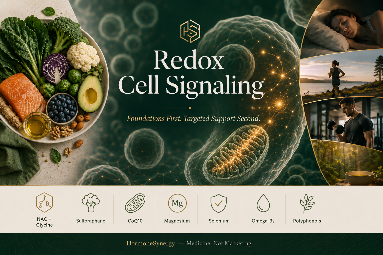 HormoneSynergy editorial image showing redox cell signaling, glutathione, Nrf2, mitochondria, and foundational nutrition support for longevity in Portland and Lake Oswego.