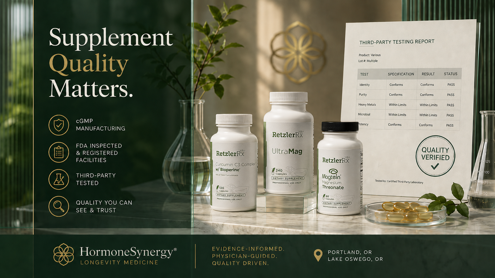 Supplement quality article image explaining DSHEA, cGMP manufacturing, FDA oversight, and third-party testing for HormoneSynergy in Portland and Lake Oswego, Oregon.