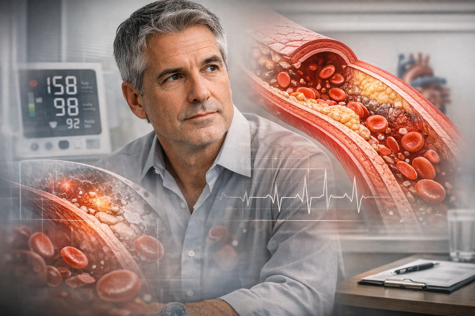Preventive cardiology visual showing untreated high blood pressure causing ongoing vascular damage, arterial stress, and early plaque risk at HormoneSynergy® Clinic in Portland and Lake Oswego serving Oregon and patients across the USA