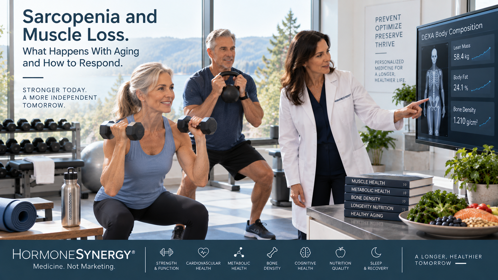 Sarcopenia assessment and muscle preservation using strength testing, resistance training and DEXA body composition for healthy aging.