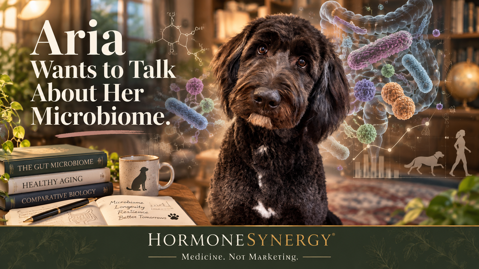Aria the Shepadoodle surrounded by a subtle scientific visualization of the canine gut microbiome for a HormoneSynergy® article about dogs, microbiome research, and human aging.