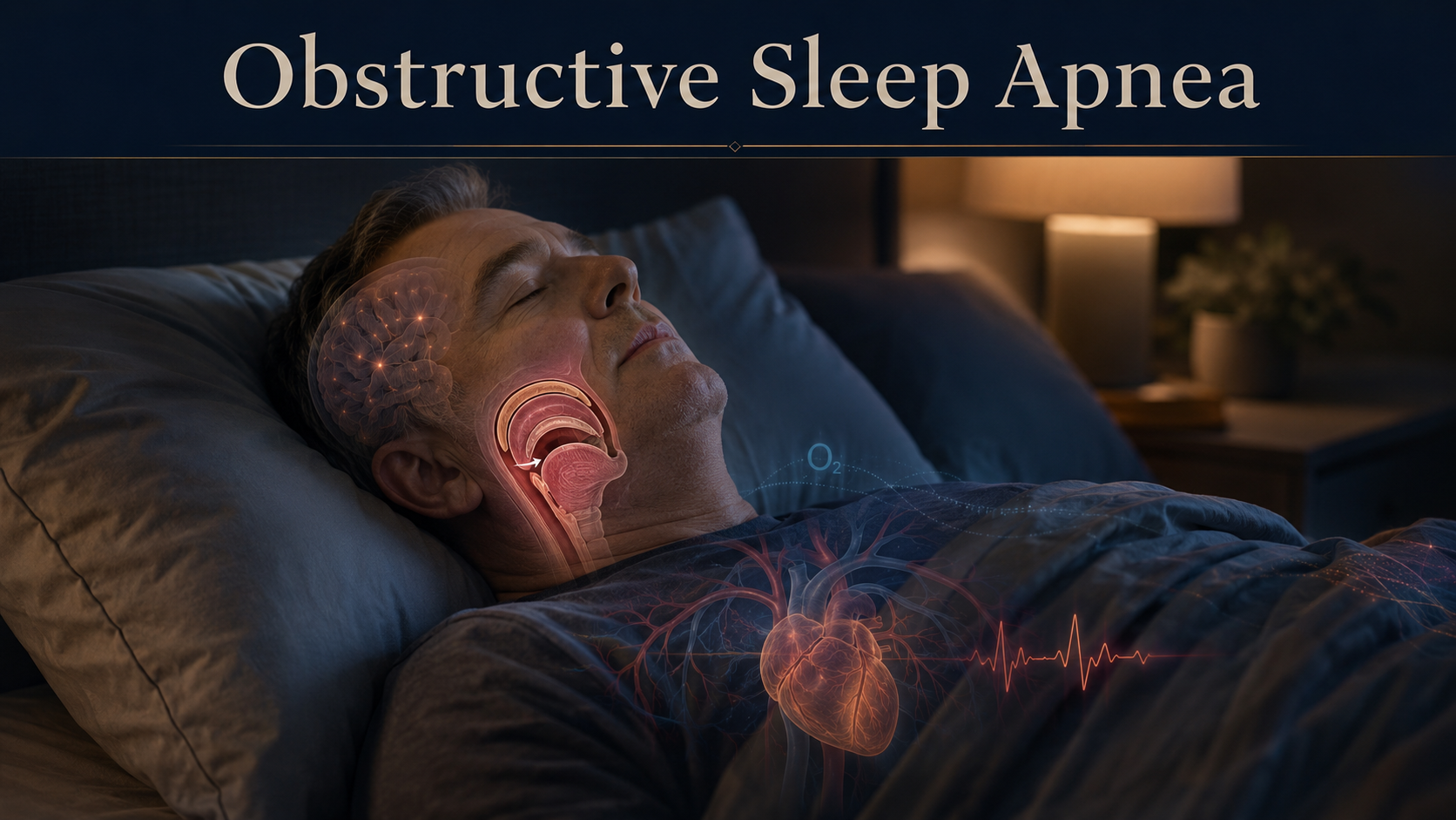Man sleeping on his back with medical overlays showing upper-airway obstruction, reduced oxygen, brain activity and cardiovascular stress.