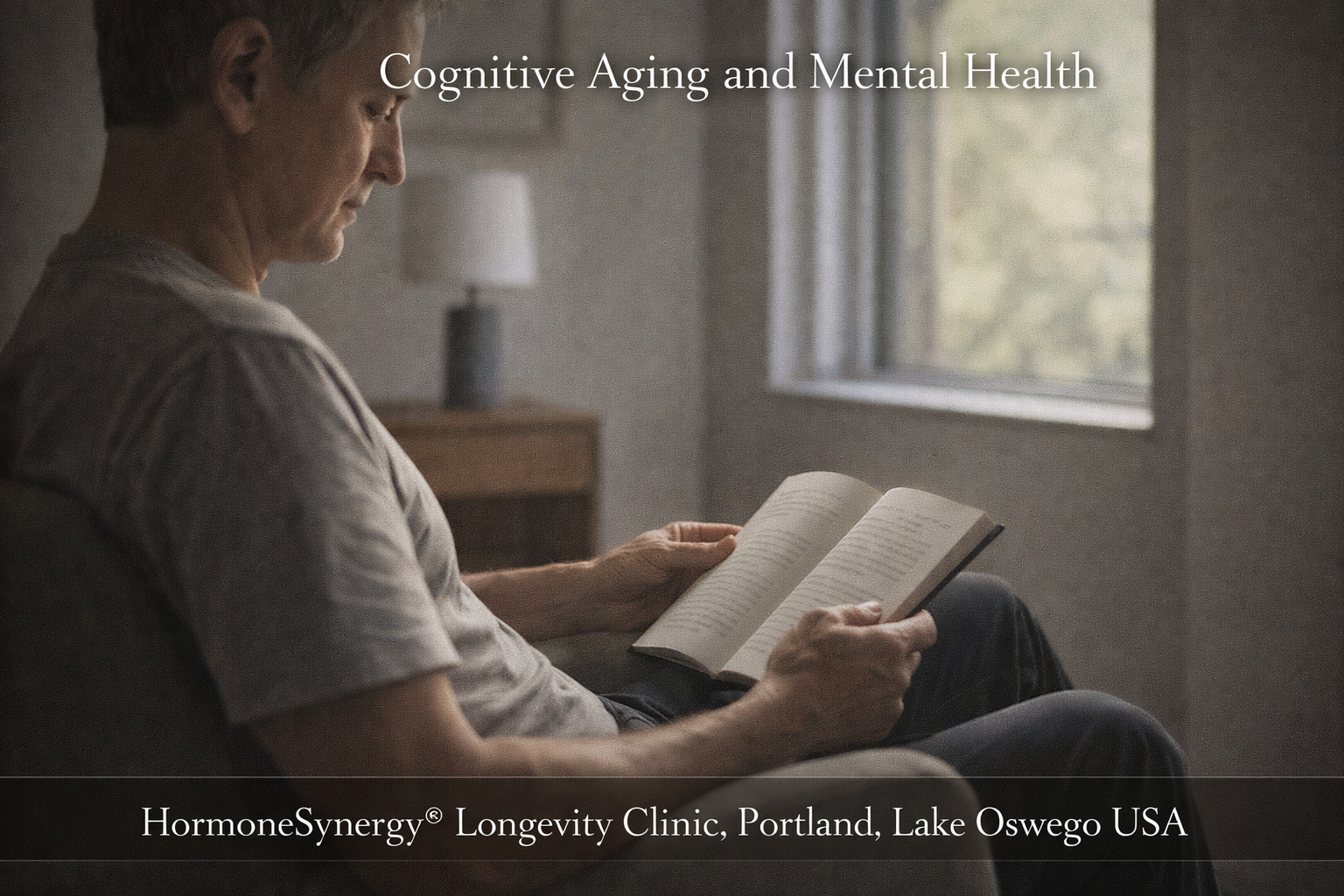 Calm focused reading in natural light representing cognitive aging, mental clarity, and sustained brain function – HormoneSynergy® Portland Lake Oswego USA