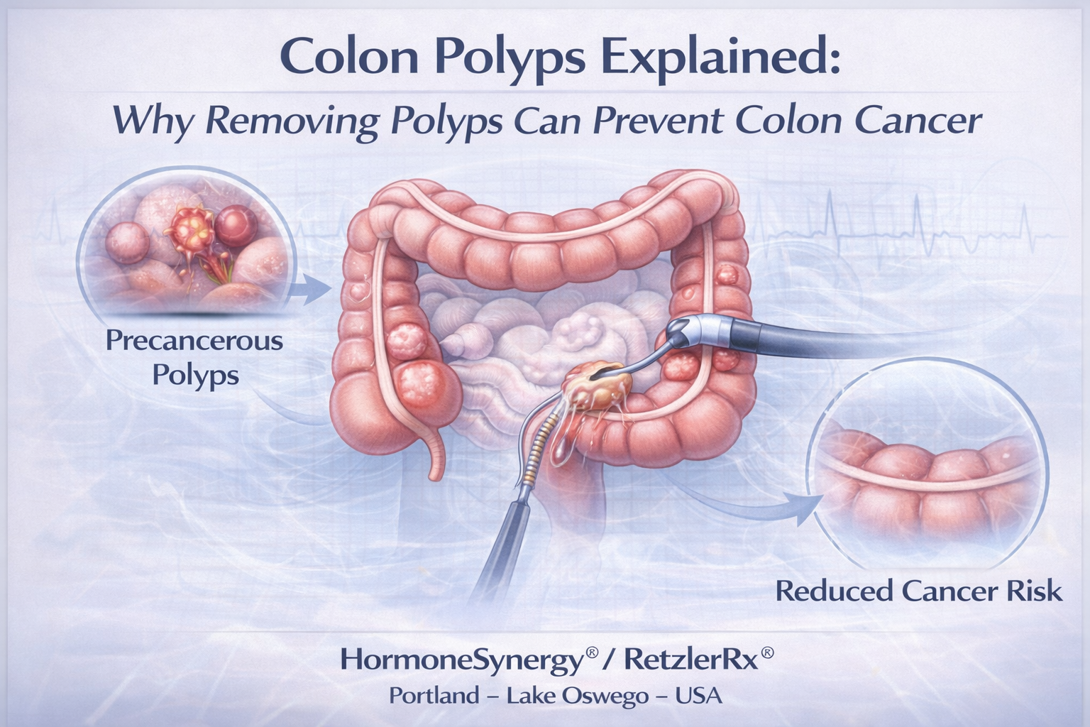 Colon polyp medical illustration showing how colonoscopy removes precancerous polyps to prevent colorectal cancer – HormoneSynergy® preventive longevity medicine clinic Portland Oregon USA