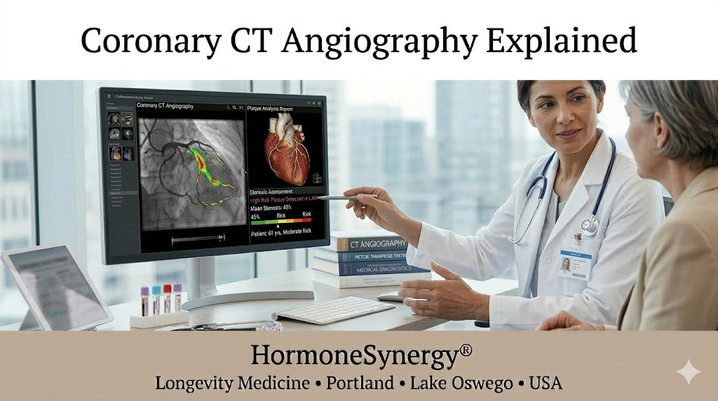 Coronary artery calcium score showing early detection of heart disease through CT imaging of coronary plaque and cardiovascular risk HormoneSynergy® Longevity Medicine Portland • Lake Oswego • USA