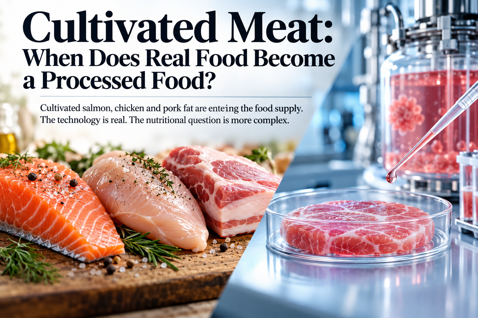 Cultivated meat compared with conventional salmon, chicken, and pork, showing animal foods beside laboratory cell-culture equipment and a cultured meat sample.