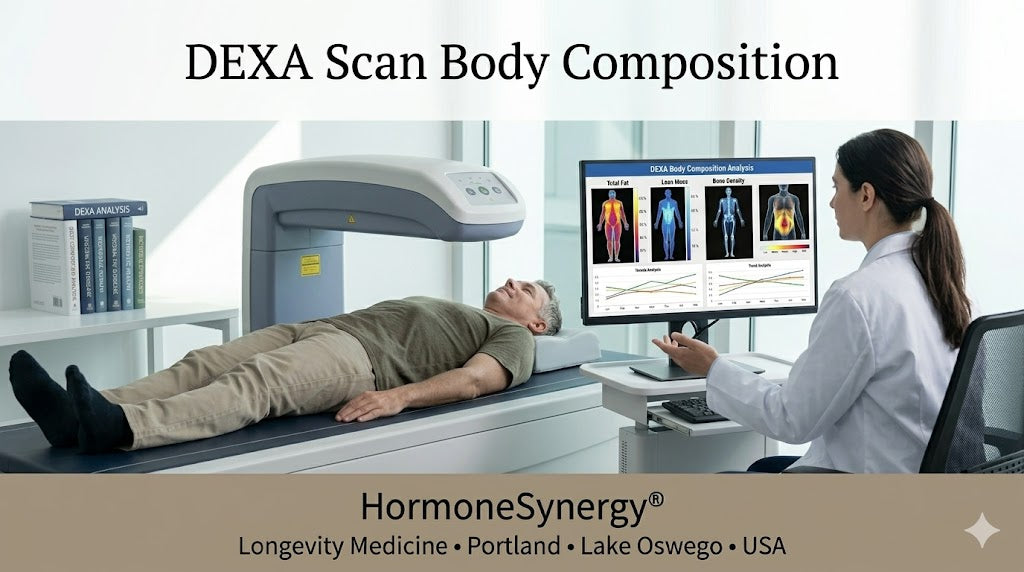 DEXA scan measuring body composition including muscle fat and bone density HormoneSynergy Longevity Medicine Portland Lake Oswego USA