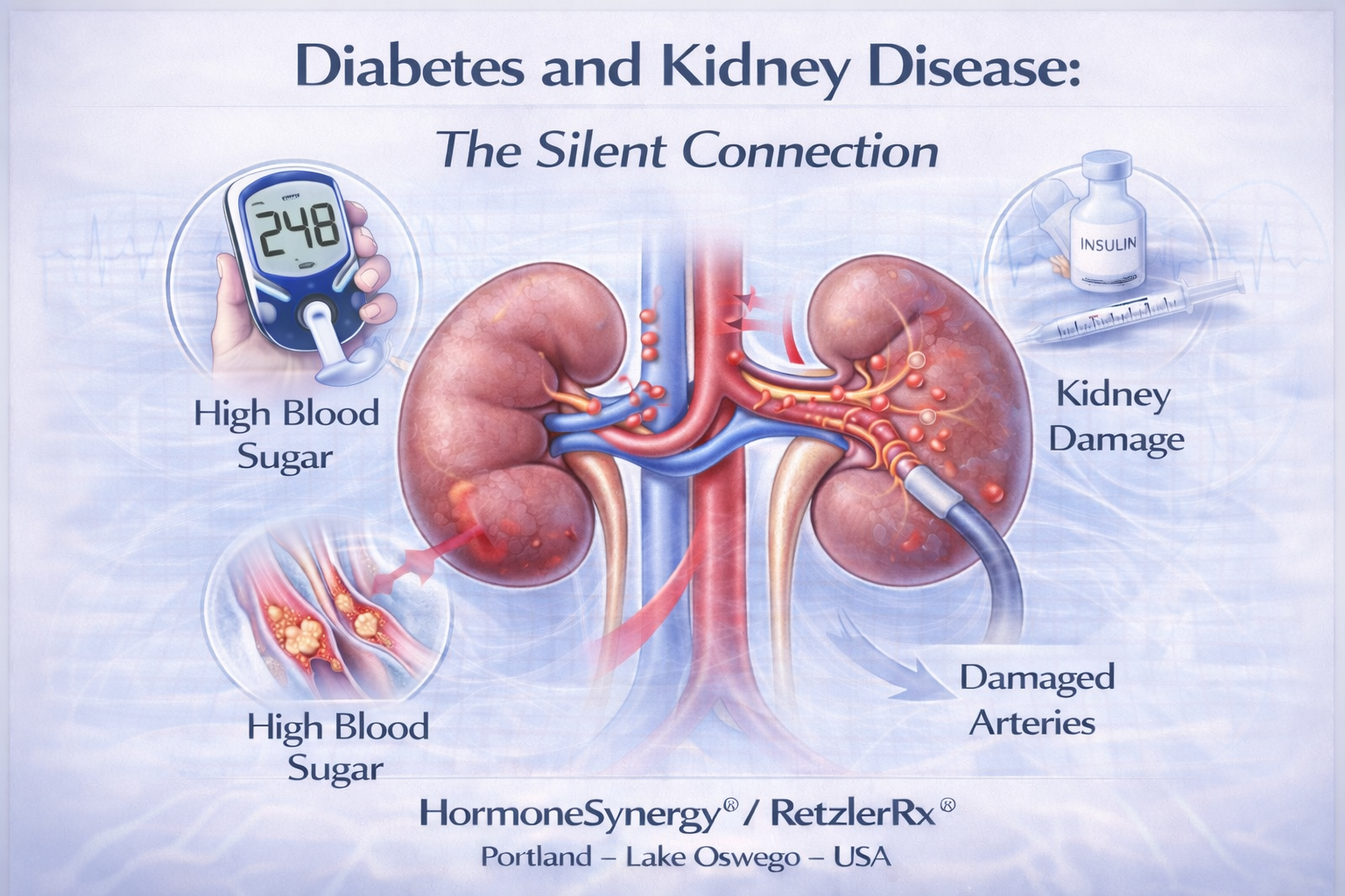Medical illustration showing how diabetes and high blood sugar damage kidney blood vessels and filtration units leading to diabetic kidney disease – HormoneSynergy preventive cardiology and longevity clinic Portland Lake Oswego Oregon USA