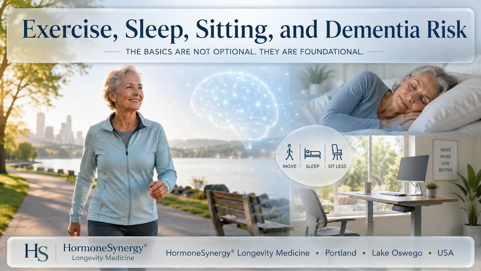 Older adult walking outdoors with subtle brain-health and sleep imagery, representing the connection between movement, sleep, sedentary time, and dementia risk in longevity medicine.