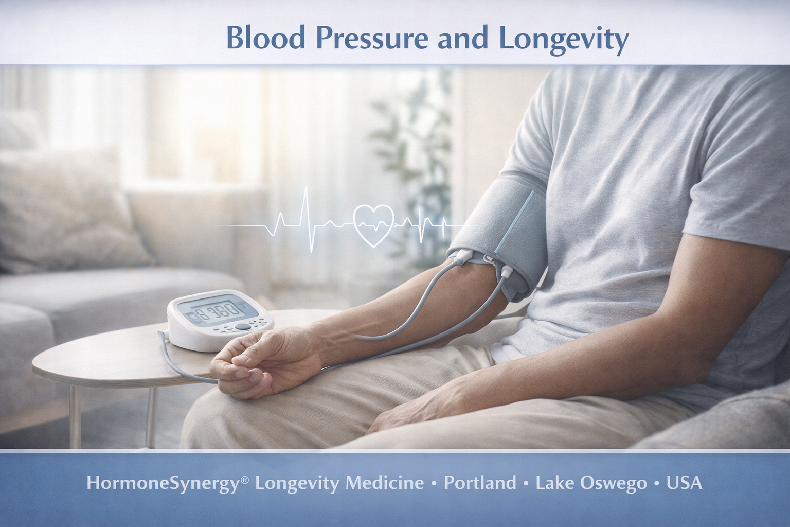 Blood pressure monitoring concept showing person using cuff in calm home environment representing cardiovascular health HormoneSynergy Portland Oregon USA