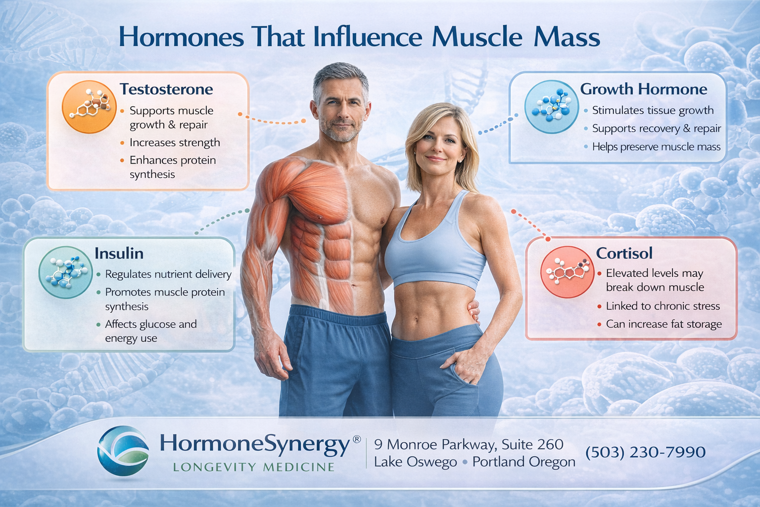 Hormones and muscle mass showing how endocrine signaling supports strength metabolism physical performance and healthy aging HormoneSynergy® Longevity Medicine Portland • Lake Oswego • USA