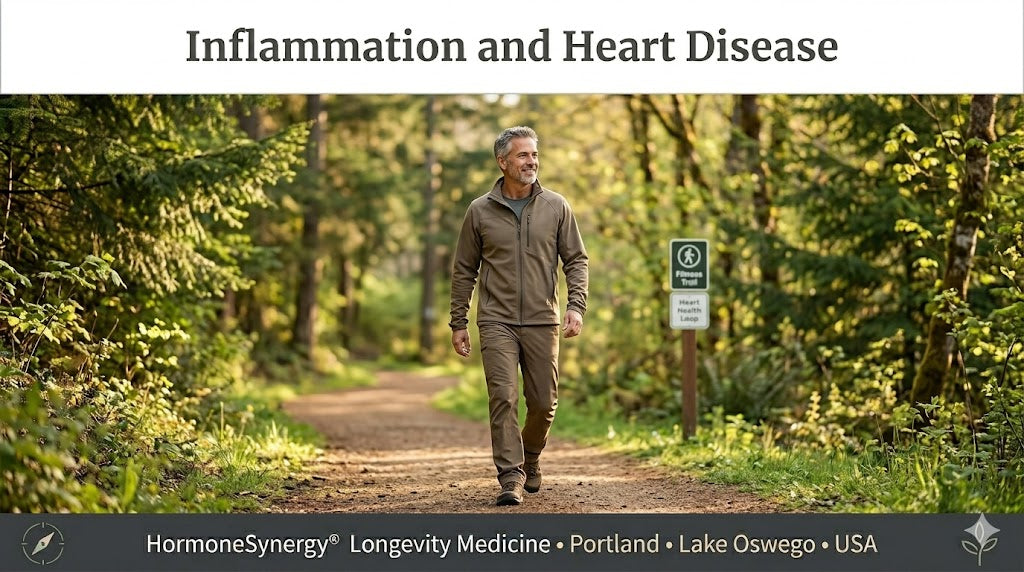 Inflammation and heart disease showing how chronic inflammation contributes to atherosclerosis plaque development and cardiovascular risk HormoneSynergy® Longevity Medicine Portland • Lake Oswego • USA
