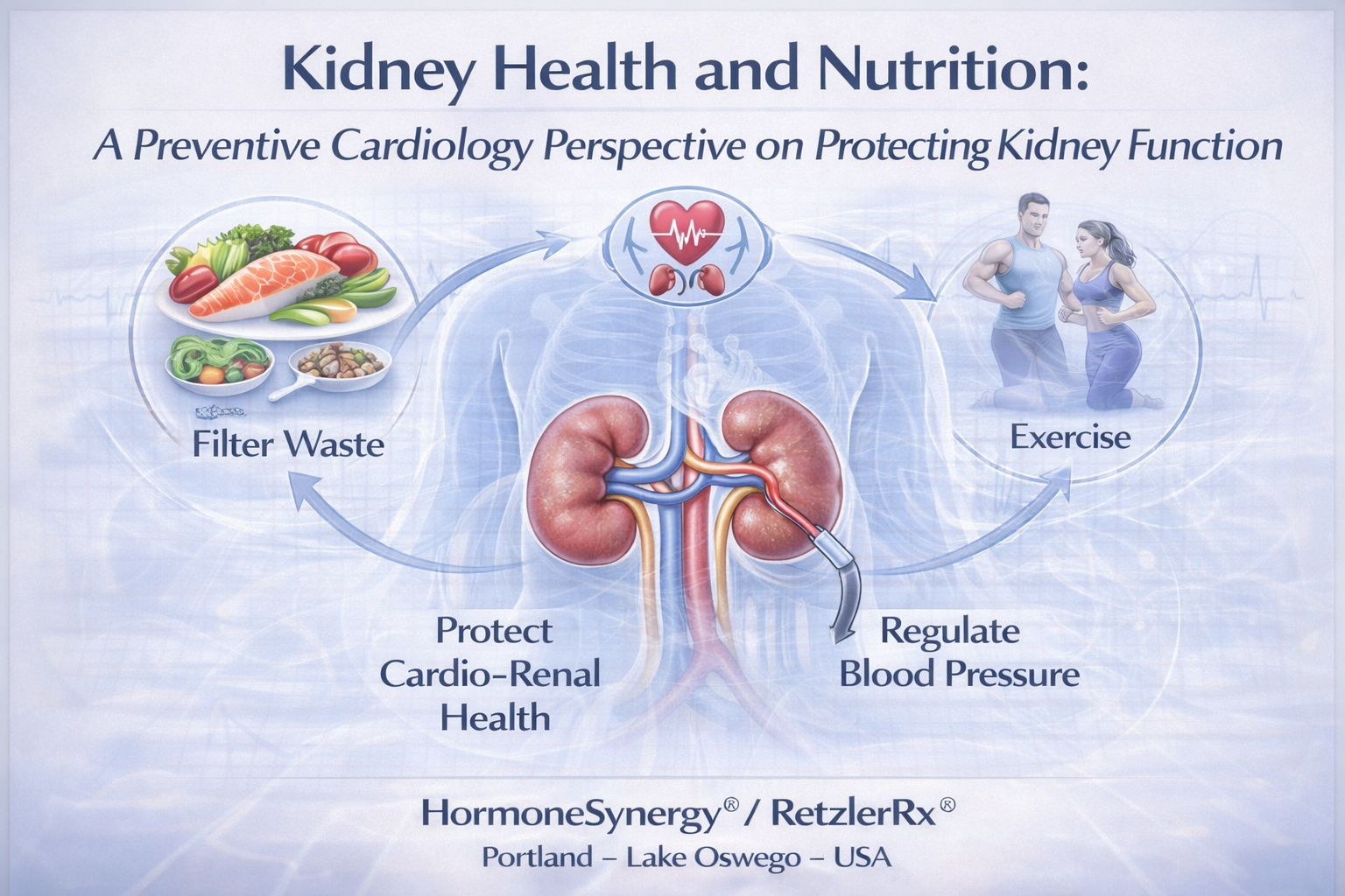 Kidney health and nutrition medical illustration showing cardio-renal connection between heart health, diet, exercise, and kidney function – HormoneSynergy® preventive longevity medicine clinic Portland Oregon USA