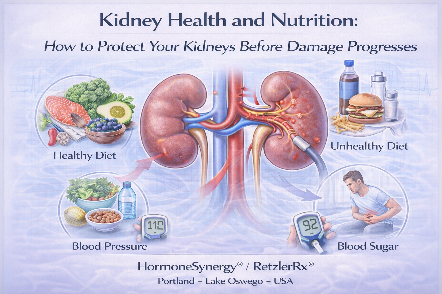 Kidney health nutrition and preventive cardiology concept showing kidneys, heart, healthy foods, and blood pressure support for Portland, Lake Oswego, and USA patients