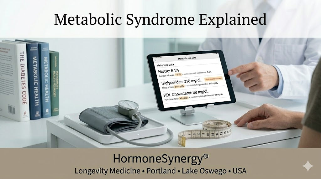 Metabolic syndrome showing the cluster of risk factors including insulin resistance visceral fat high blood pressure and dyslipidemia linked to chronic disease HormoneSynergy® Longevity Medicine Portland • Lake Oswego • USA