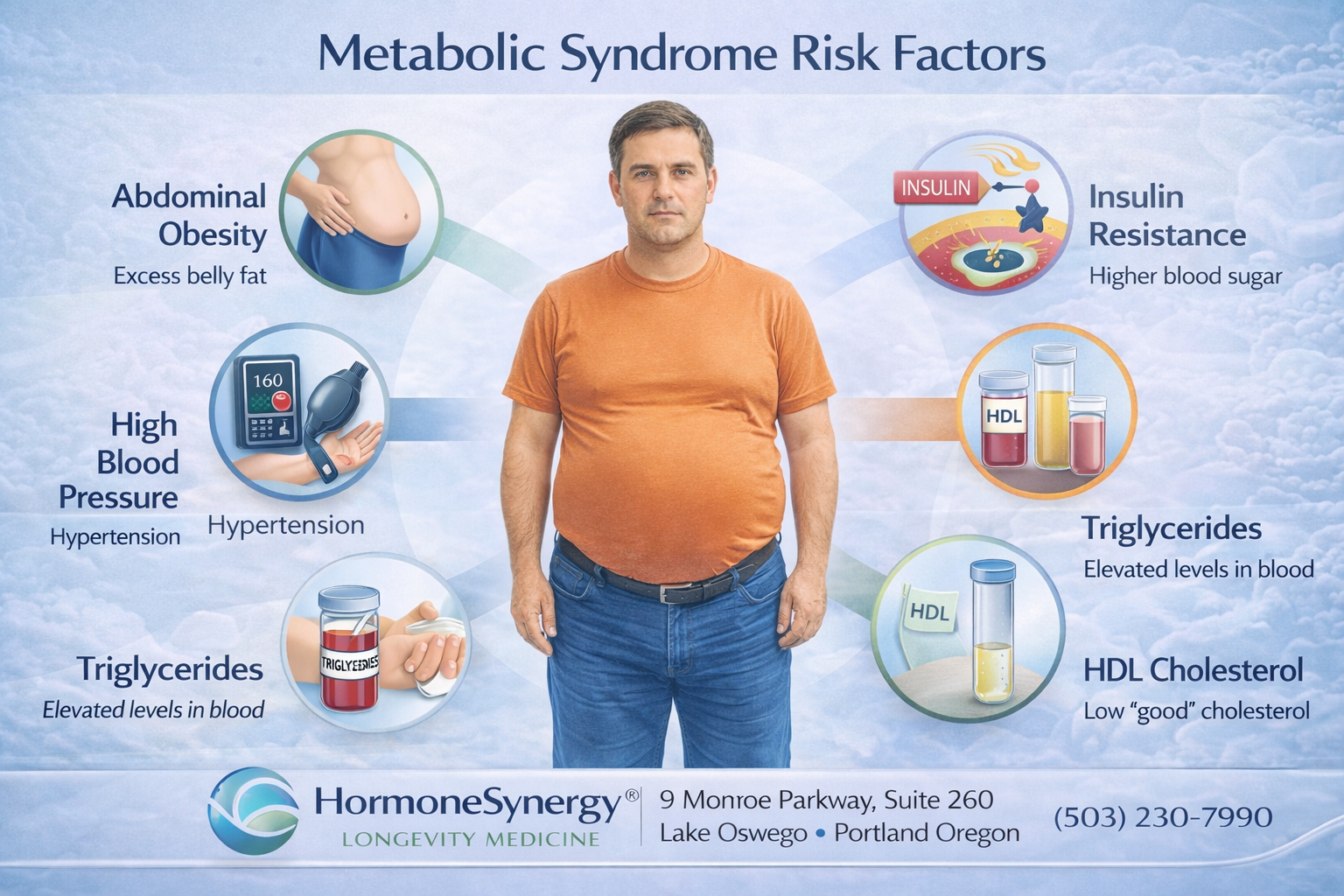 Metabolic syndrome risk factors diagram showing abdominal obesity, insulin resistance, high blood pressure, triglycerides, and HDL cholesterol