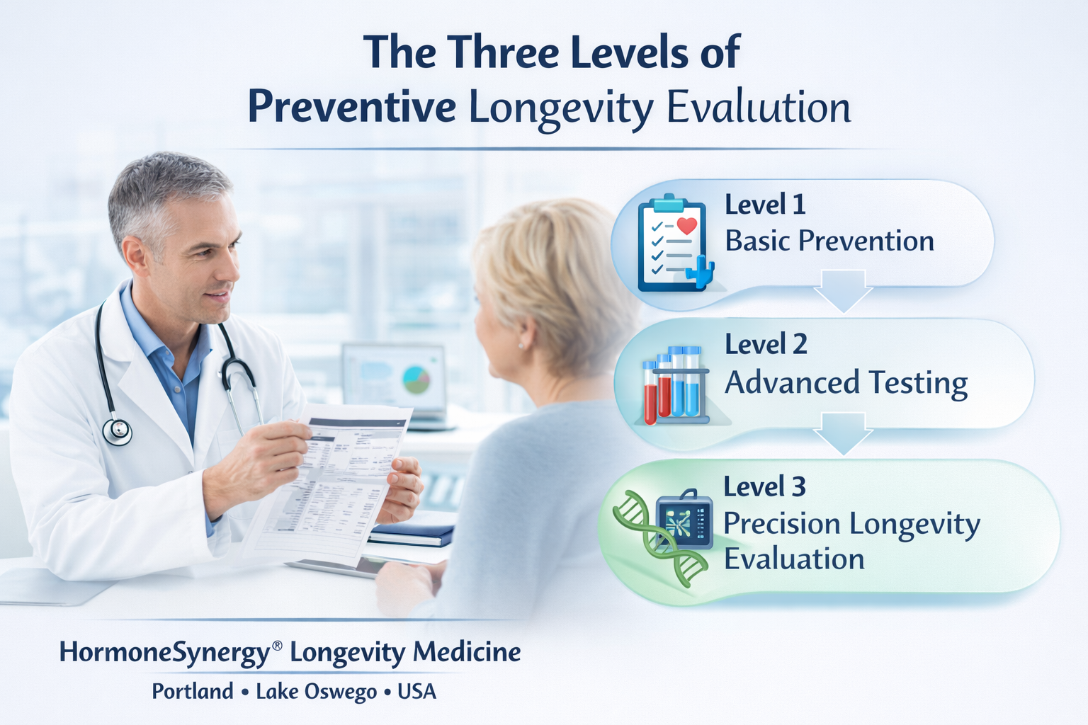 Doctor discussing the three levels of preventive longevity evaluation with a patient including basic prevention, advanced metabolic testing, and precision longevity medicine assessment