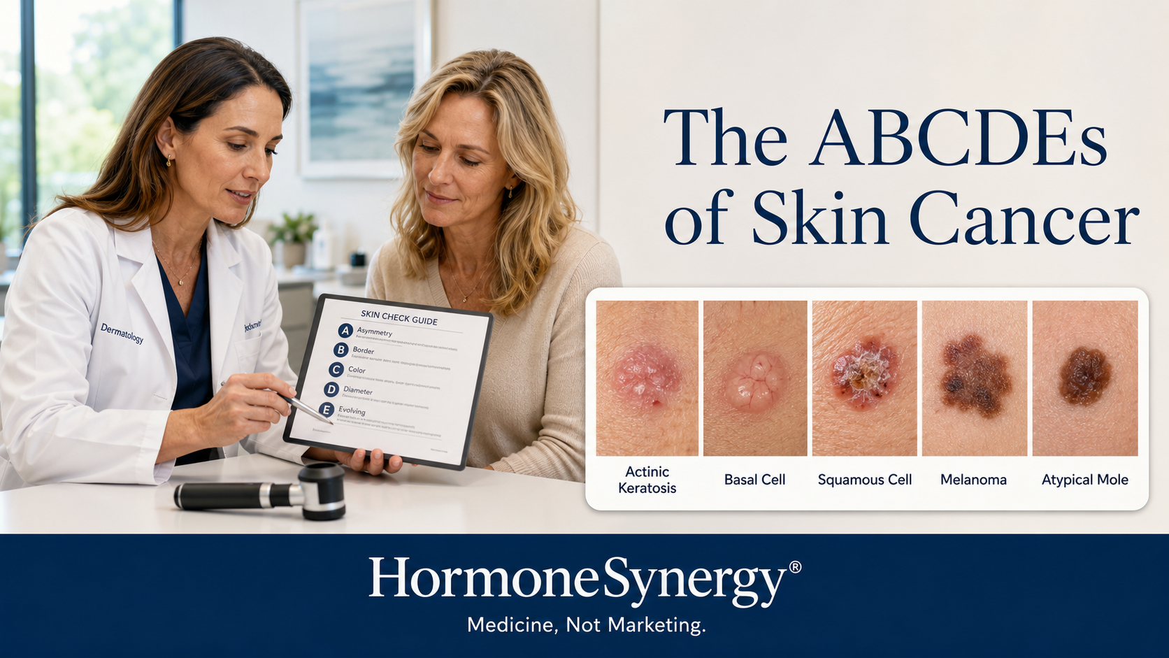 Female physician discussing the ABCDE warning signs of skin cancer with a patient in a preventive medicine consultation.