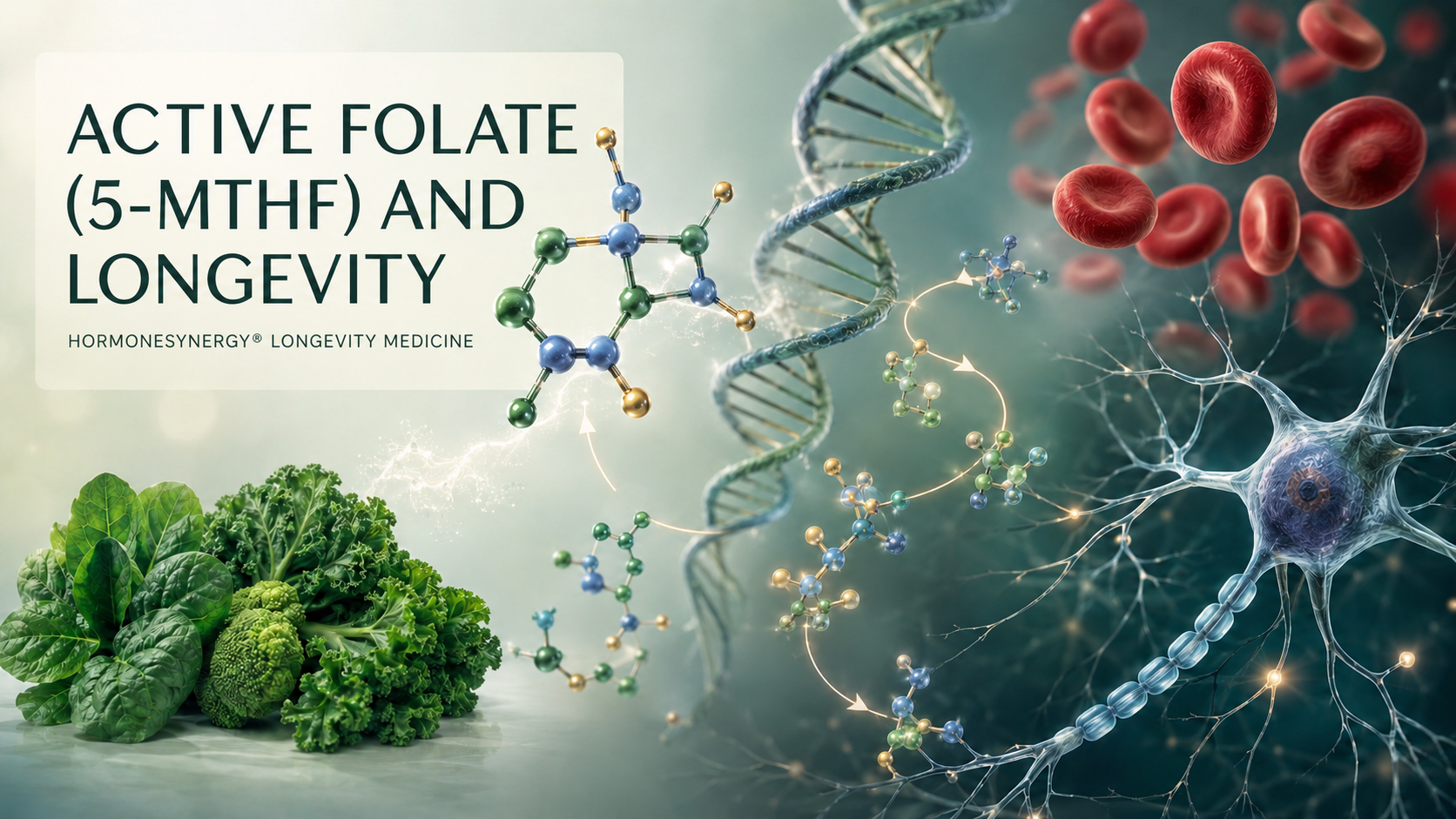 Active folate 5-MTHF medical illustration showing DNA synthesis, red blood cells, neurological function and homocysteine metabolism.