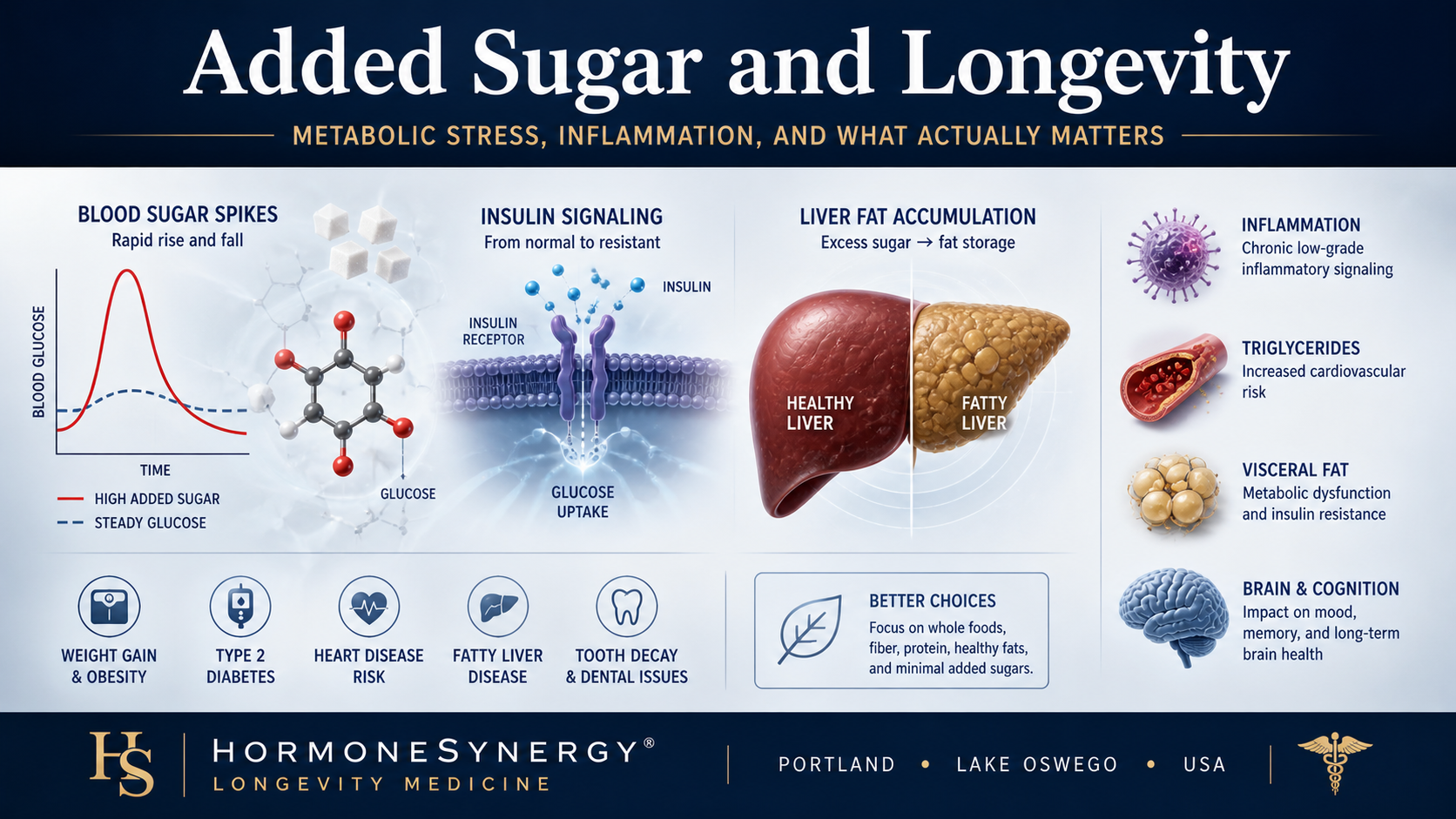 Clinical visualization of added sugar, blood glucose spikes, insulin resistance, liver fat, and inflammation in longevity medicine.