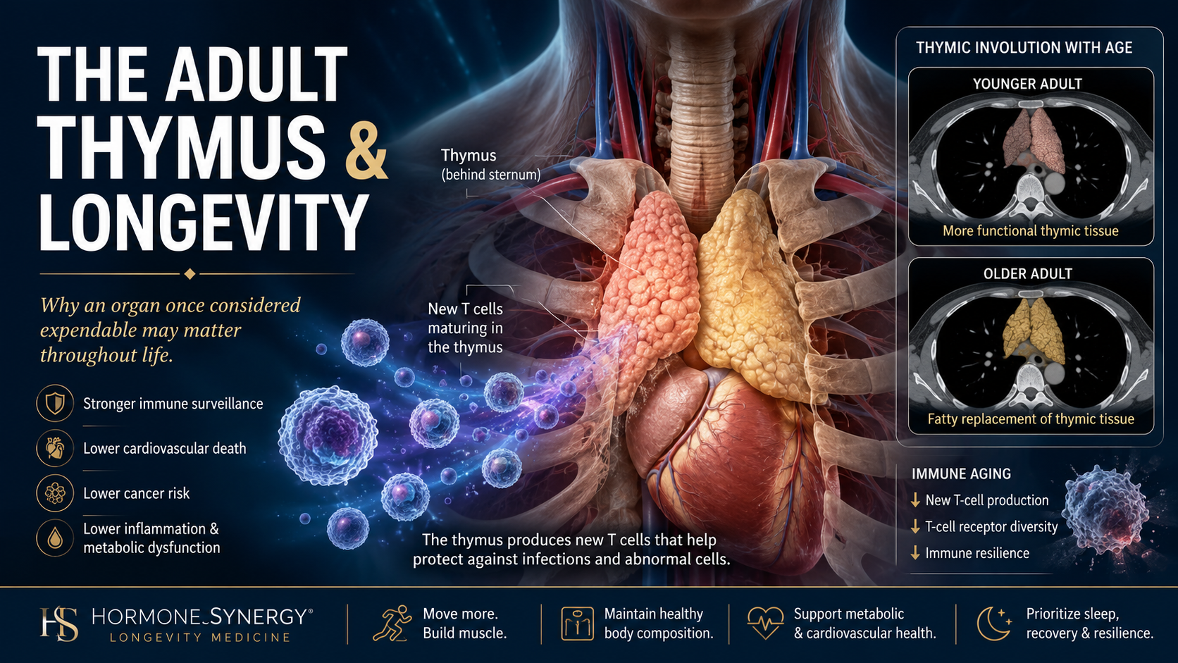 Adult thymus and longevity illustration showing age-related thymic involution, T-cell production and immune aging in longevity medicine.