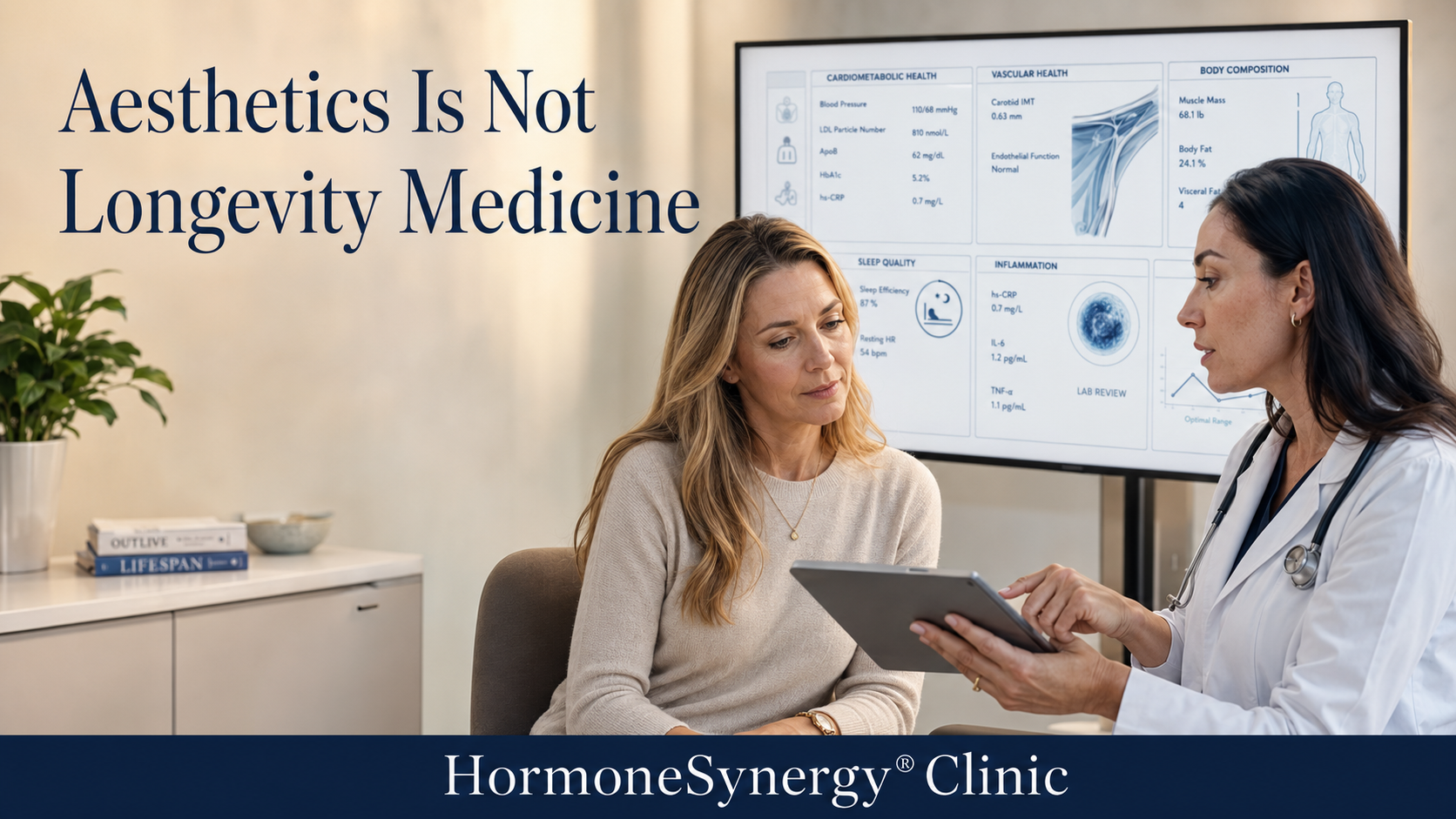 Midlife woman reviewing longevity medicine data with a physician, illustrating that aesthetics is not the same as addressing the biological drivers of aging.