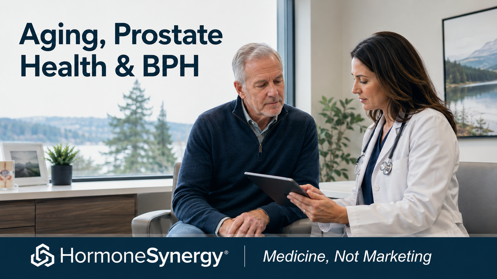 Middle-aged man discussing prostate health, BPH, urinary symptoms, and longevity medicine with a physician at HormoneSynergy Clinic.