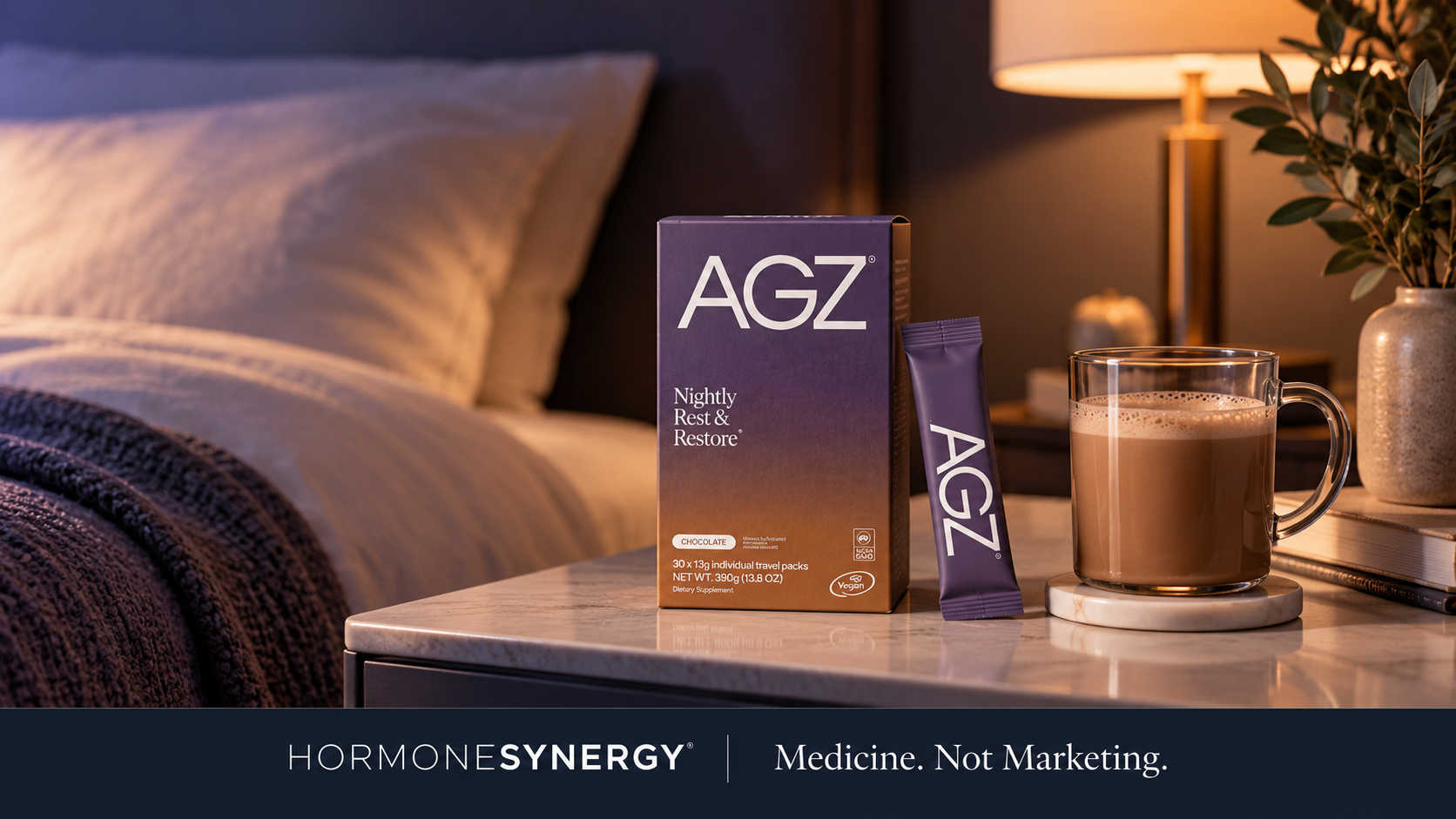 AGZ Nightly Rest & Restore supplement with a nighttime drink on a bedside table, featured in a HormoneSynergy® evidence review of sleep supplements.