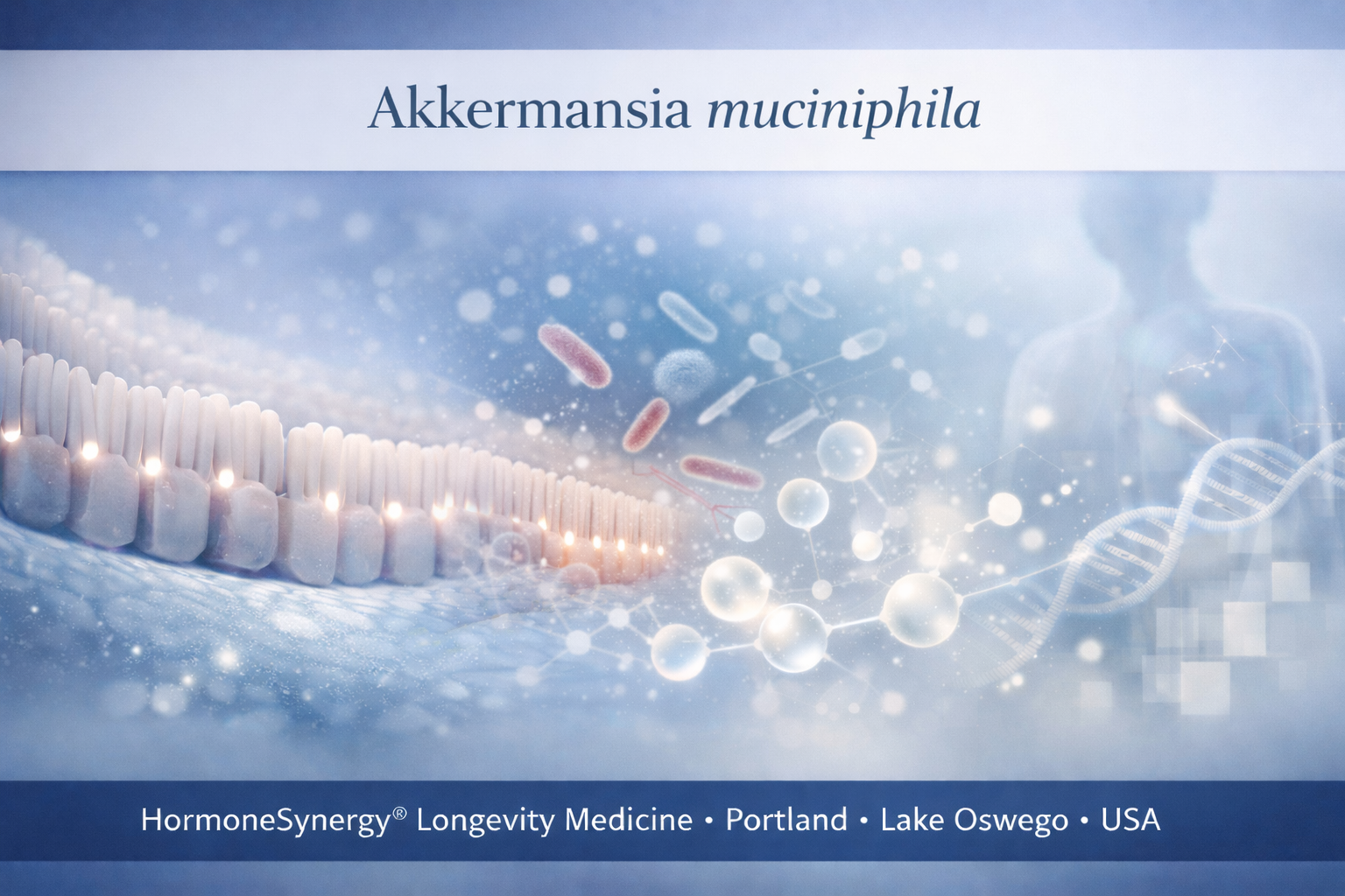 Akkermansia muciniphila clinical editorial banner showing gut barrier integrity, microbiome ecosystem, and metabolic health signaling in longevity medicine
