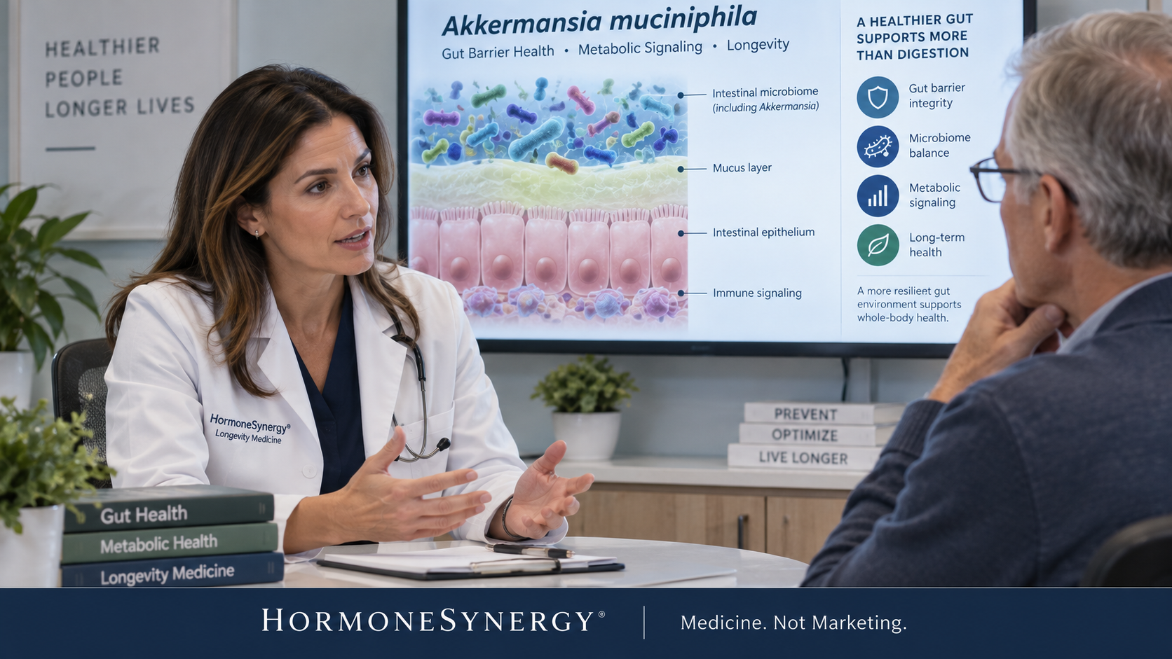 Physician discussing Akkermansia muciniphila, intestinal mucus and barrier physiology, and metabolic health with an older adult patient.