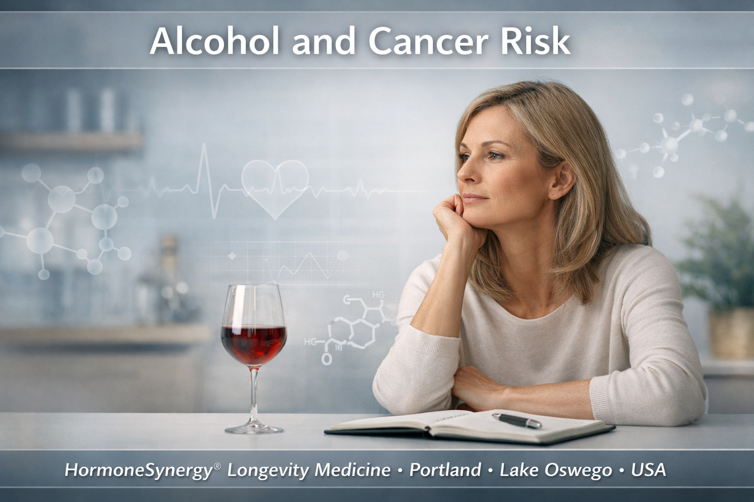 Alcohol and cancer risk longevity medicine banner showing a reflective lifestyle scene with subtle clinical overlays related to metabolism, hormones, and inflammation.
