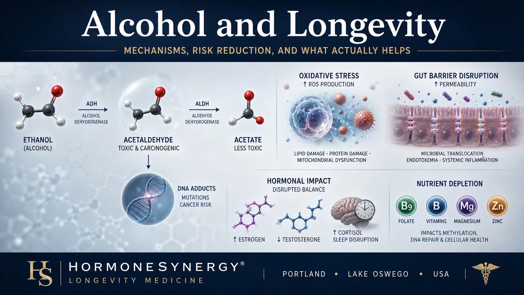 Alcohol metabolism and longevity showing acetaldehyde formation, oxidative stress, and gut barrier effects in a clinical visualization