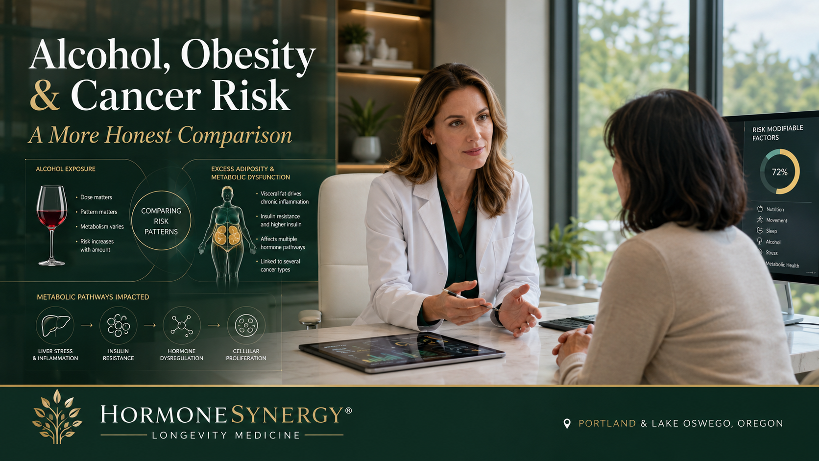 Female physician discussing alcohol, obesity, visceral fat, and cancer risk with a patient in a modern HormoneSynergy® longevity medicine clinic in Portland and Lake Oswego, Oregon.