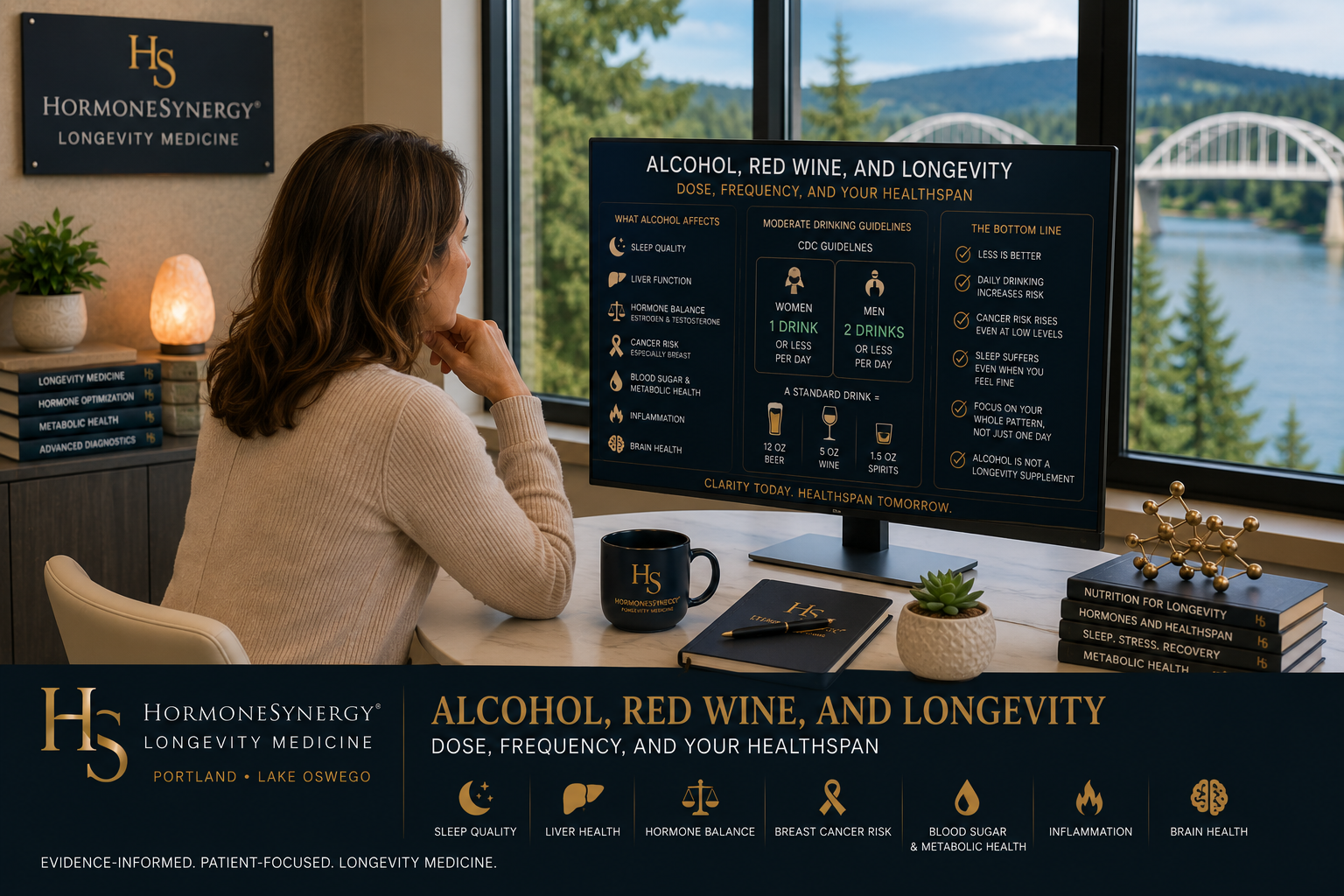 reviewing alcohol, red wine, hormone health, sleep quality, liver function, breast cancer risk, blood sugar, and longevity markers with a patient in a modern Portland and Lake Oswego clinic.