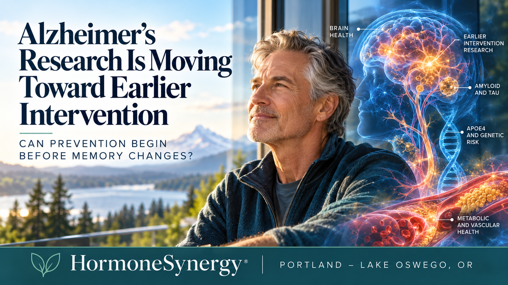 HormoneSynergy® editorial image illustrating Alzheimer's prevention research, brain vascular health, genetic susceptibility, and earlier clinical intervention.