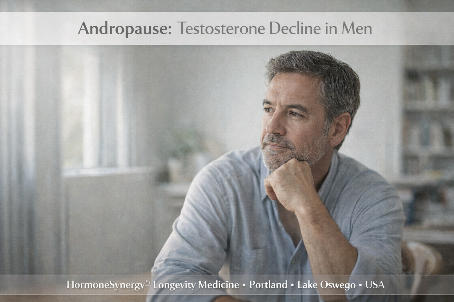 Middle-aged man in natural light reflecting on energy, strength, and hormonal changes related to testosterone decline and healthy aging