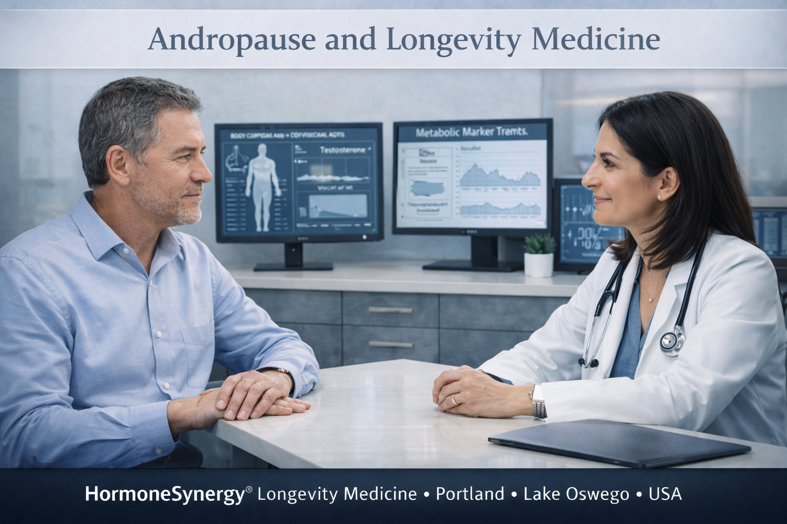 Dark-haired woman physician consulting with a middle-aged man in a modern longevity medicine clinic with subtle body composition, metabolic, testosterone, and cardiovascular health cues.