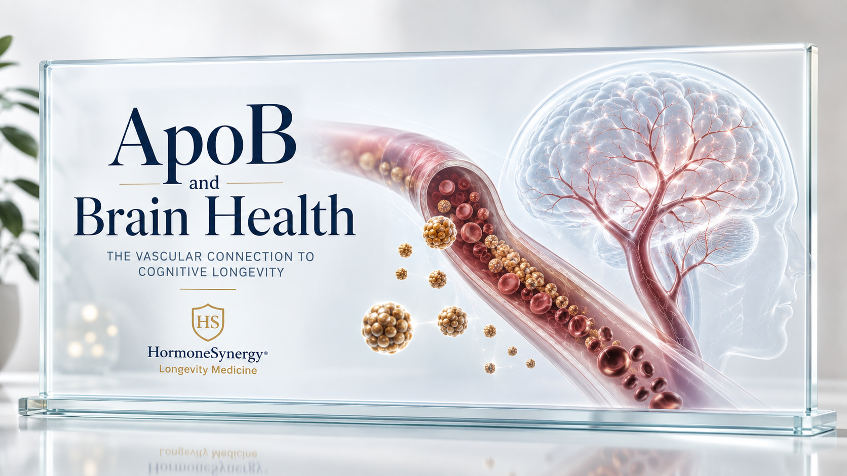 ApoB and brain health medical illustration showing cerebral circulation, atherogenic lipoprotein particles and the vascular connection to cognitive longevity.