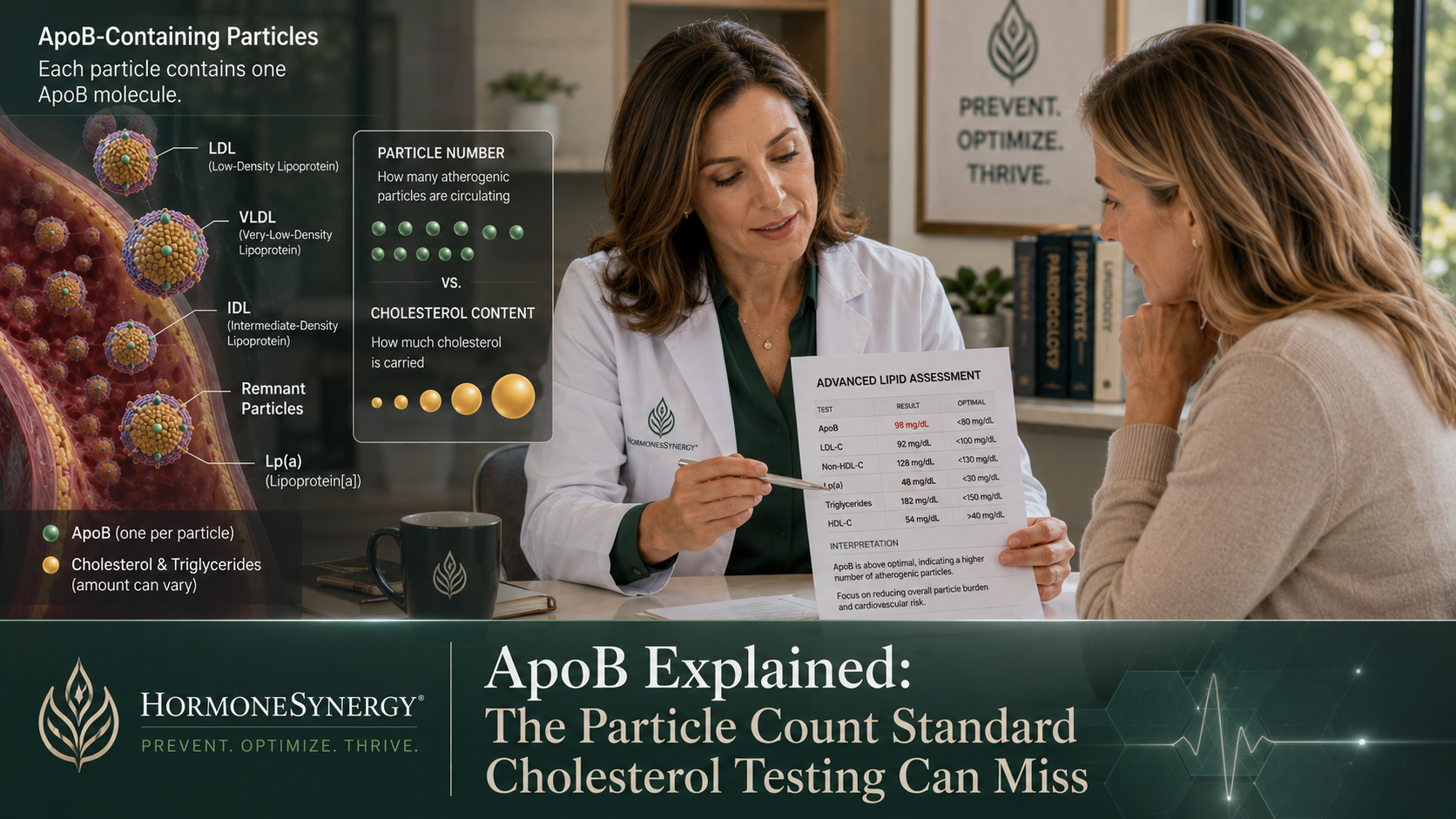 Physician reviewing an ApoB blood test with a patient as a medical illustration shows atherogenic lipoprotein particles circulating in an artery.