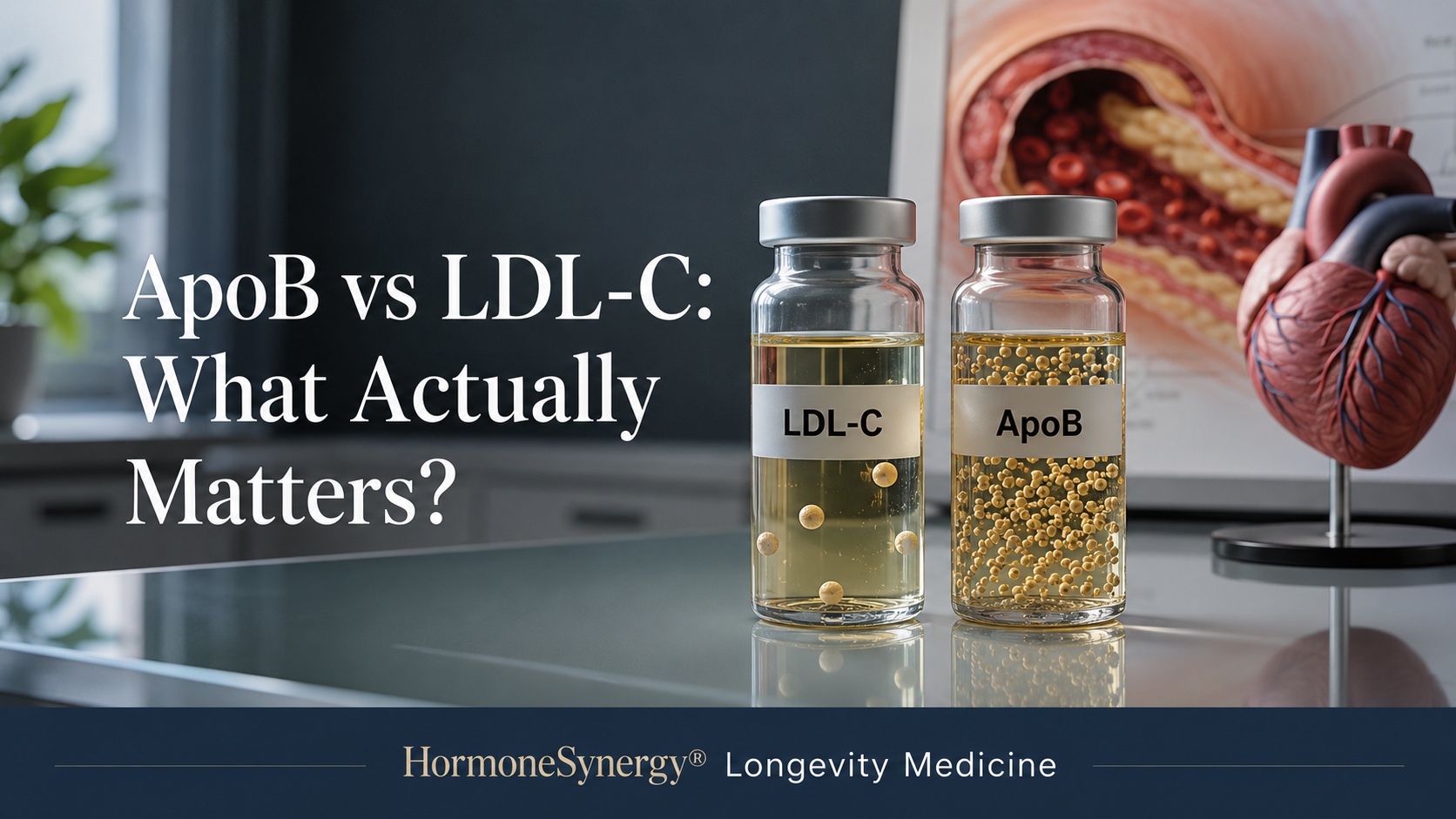 Conceptual preventive cardiology image showing LDL-C and ApoB lab vials with different particle patterns, representing cholesterol content versus atherogenic particle number.