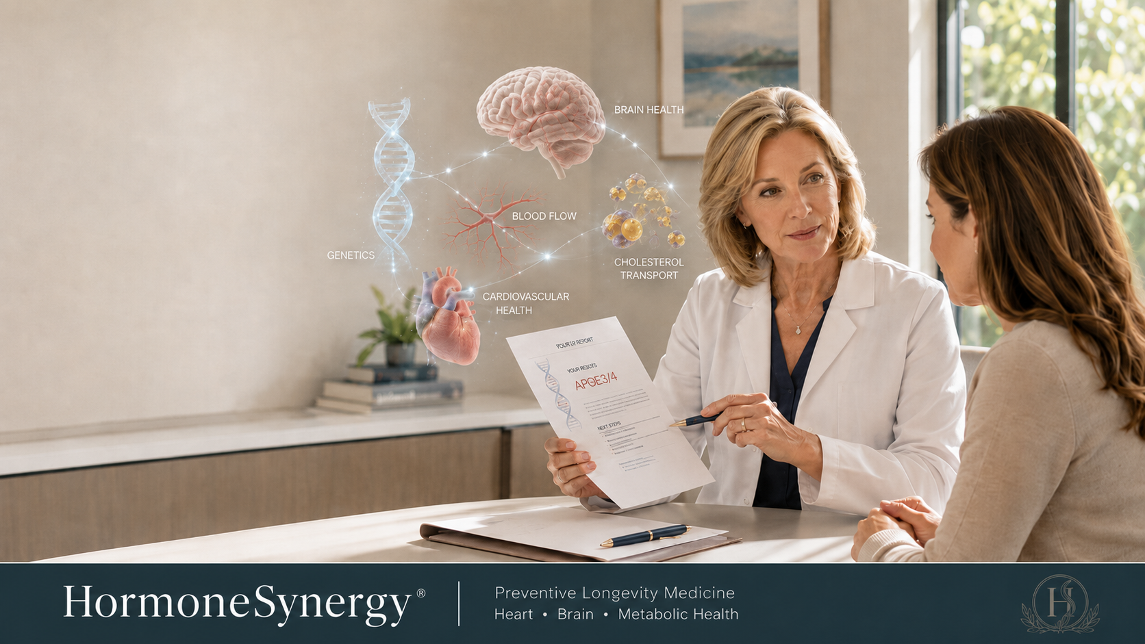 Female physician explaining an APOE genetic result and its relationship to cardiovascular risk, brain health and Alzheimer’s susceptibility.