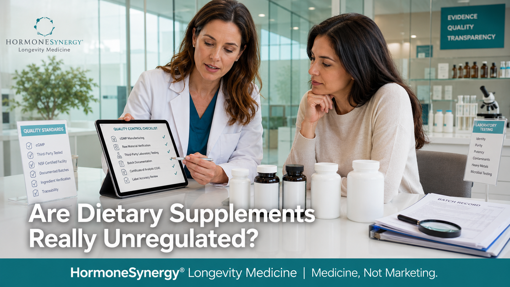 Physician and patient reviewing supplement quality, FDA oversight, cGMP standards, and third-party testing at HormoneSynergy Longevity Medicine.
