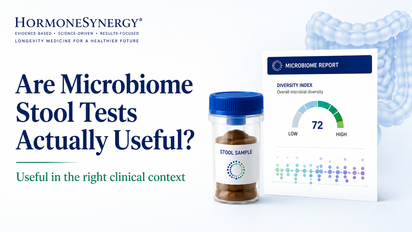 Microbiome stool testing infographic comparing clinically actionable stool markers with microbiome diversity, dysbiosis, and bacterial abundance results, including Gut Zoomer, BiomeFx, and Wheat Zoomer.
